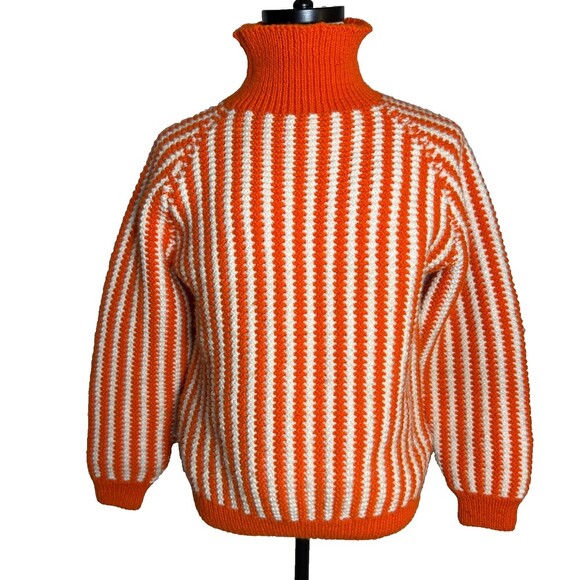 Handmade Sweaters - Handmade HandKnit Women's Sweater Orange & White Stripes, Sz L, Turtle/Mock Neck